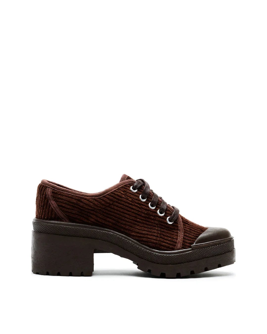 Brown corduroy lace-up sneaker with chunky lug sole and round toe on white background