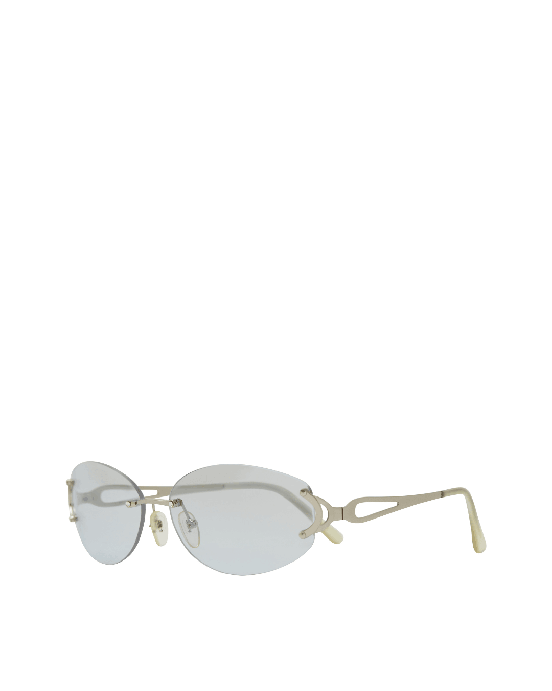 Oval sunglasses with silver metal frame and light blue tinted lenses on a white background