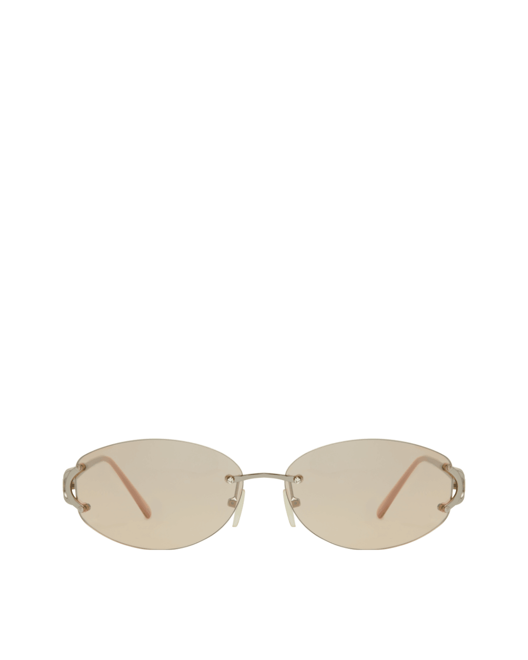 Oval rimless sunglasses with pale beige tinted lenses and metal arms on white background