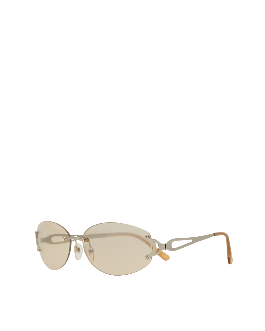 Beige oval sunglasses with thin metal frame and clear nose pads on a white background