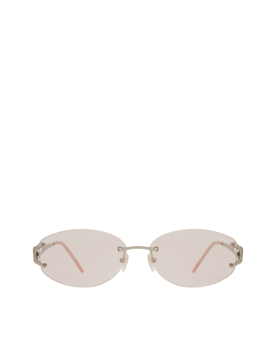 Oval rimless sunglasses with light pink lenses and metal arms on a white background.