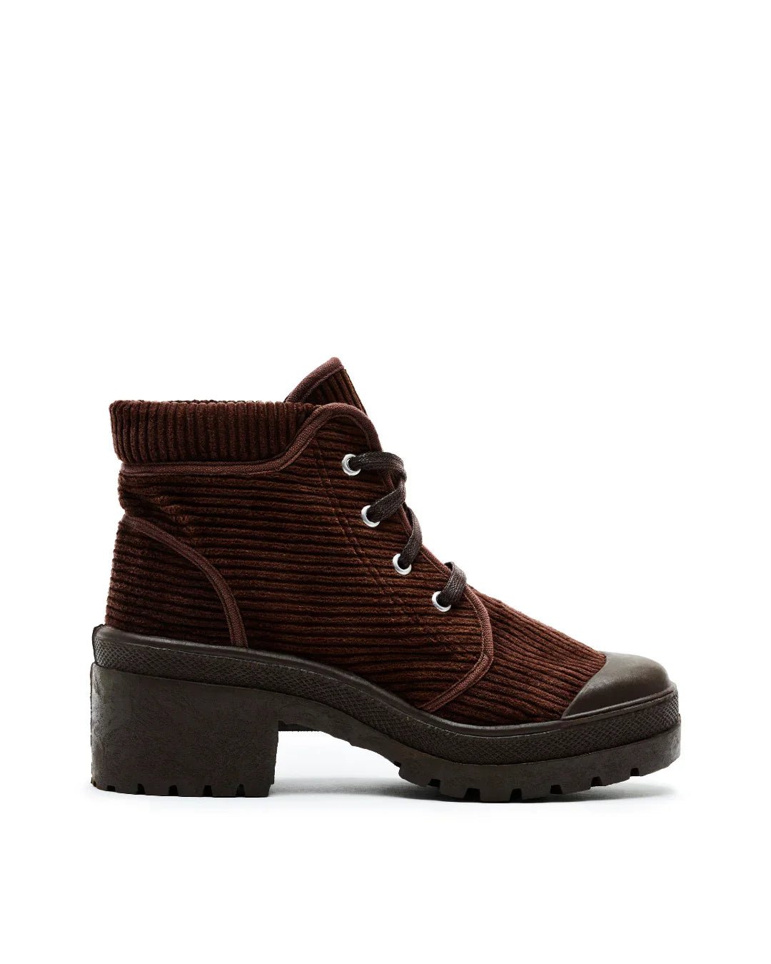 Brown corduroy lace-up ankle boot with chunky heel and rubber sole on white background