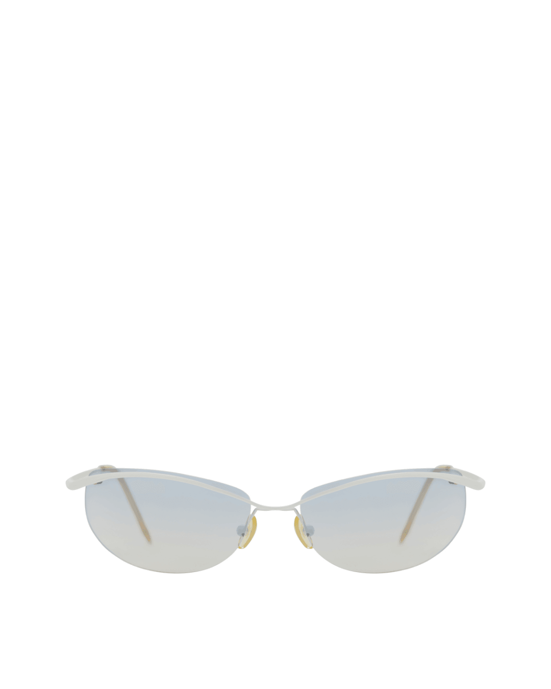 Semi-rimless sunglasses with silver reflective lenses and clear plastic arms on white background.