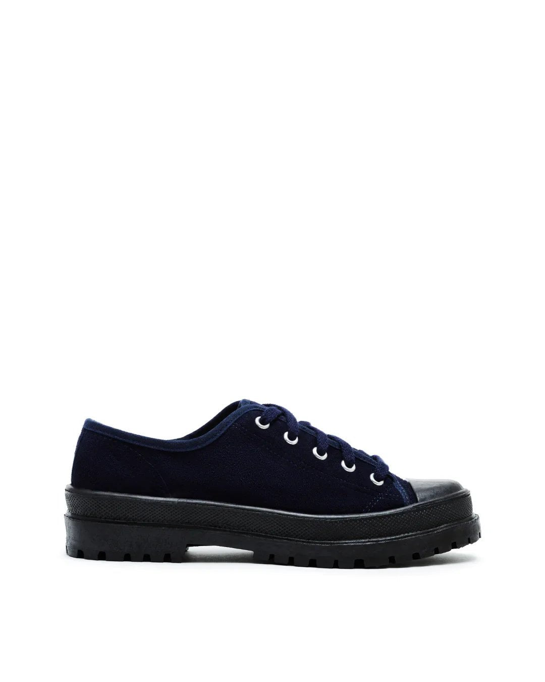 Navy blue low-top sneaker with black rubber sole and toe on white background