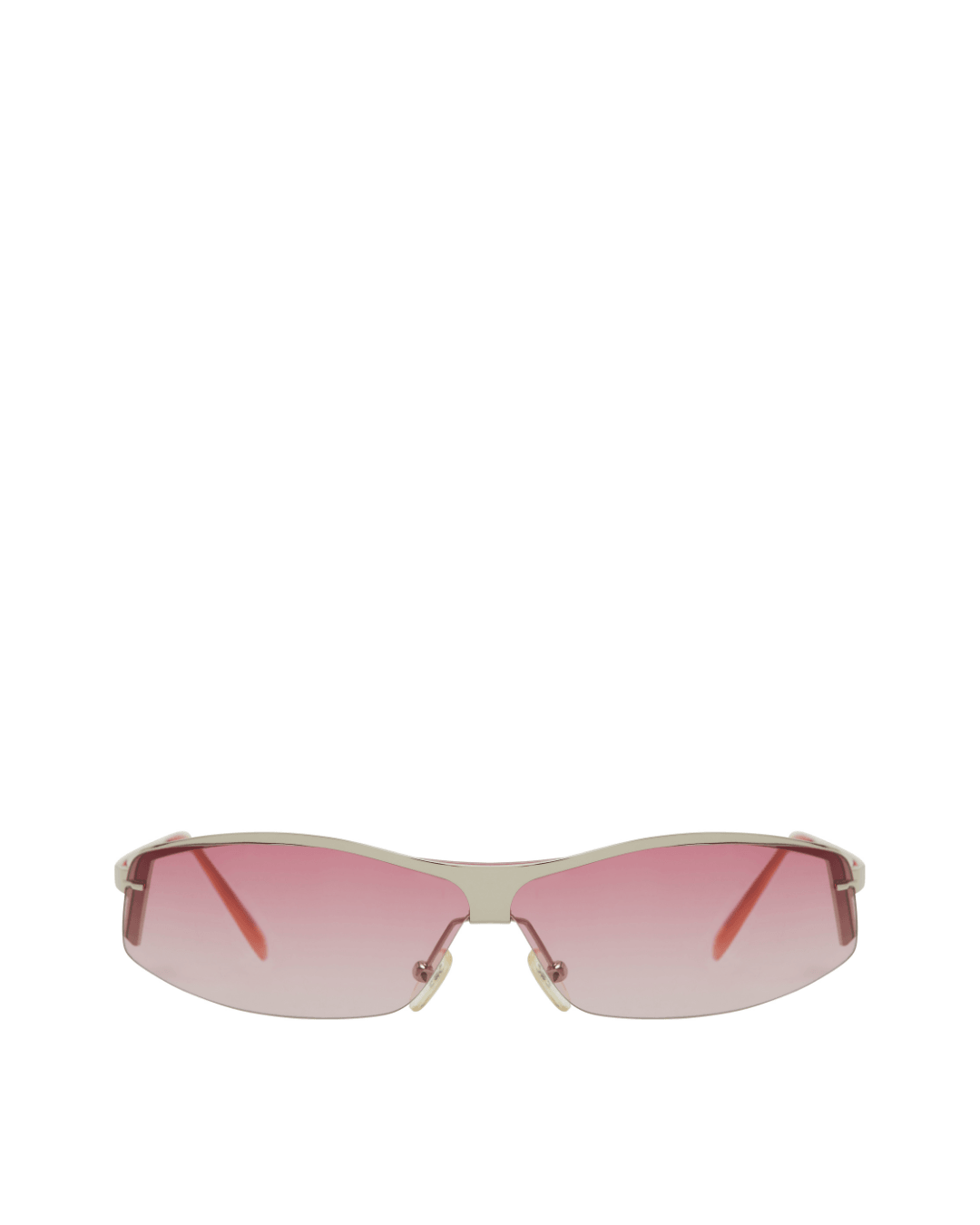 rimless sunglasses with pink gradient lenses and light-colored metal frame on white background