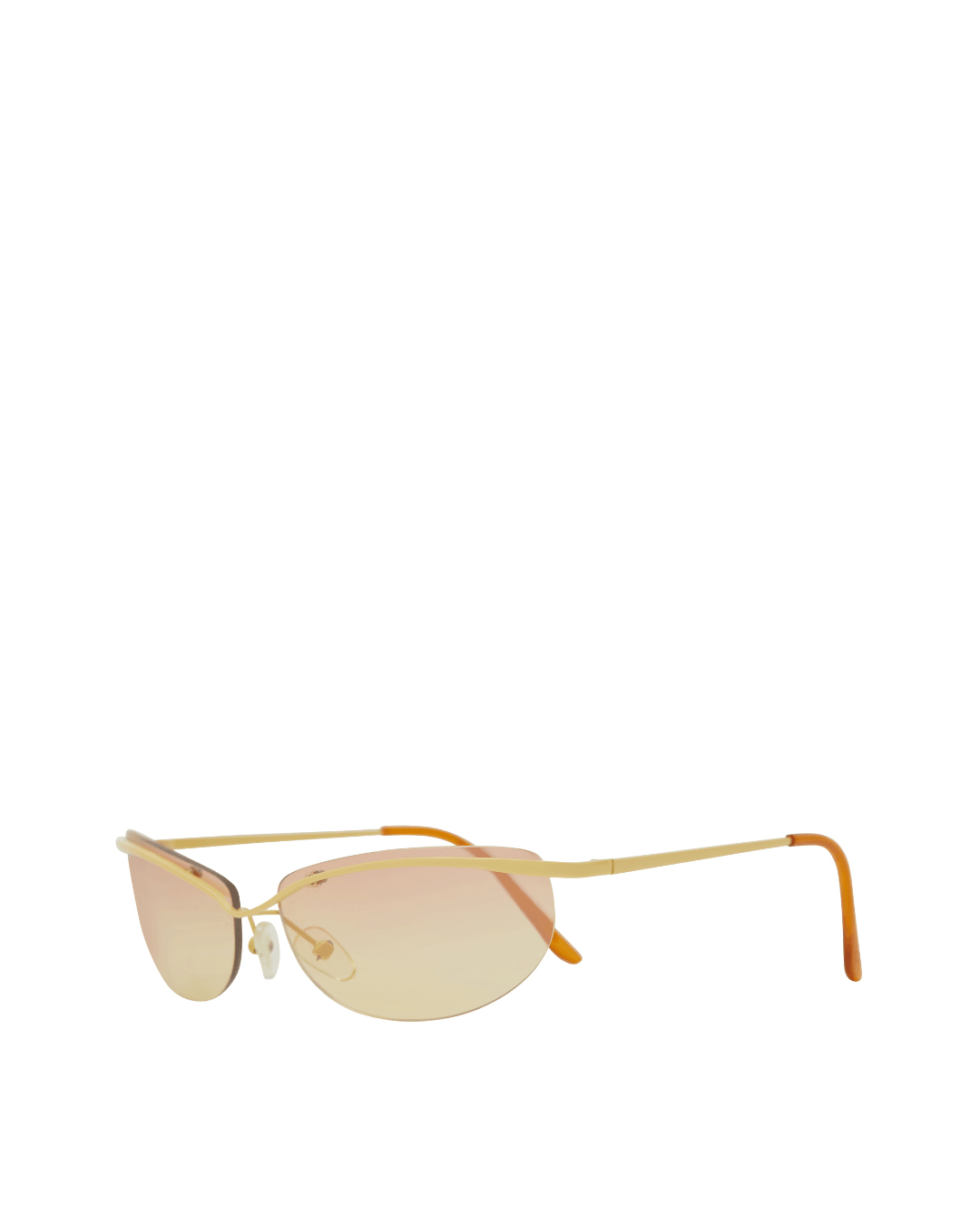 Semi-rimless sunglasses with gold metal frame, pink gradient lenses, orange earpieces on white background.