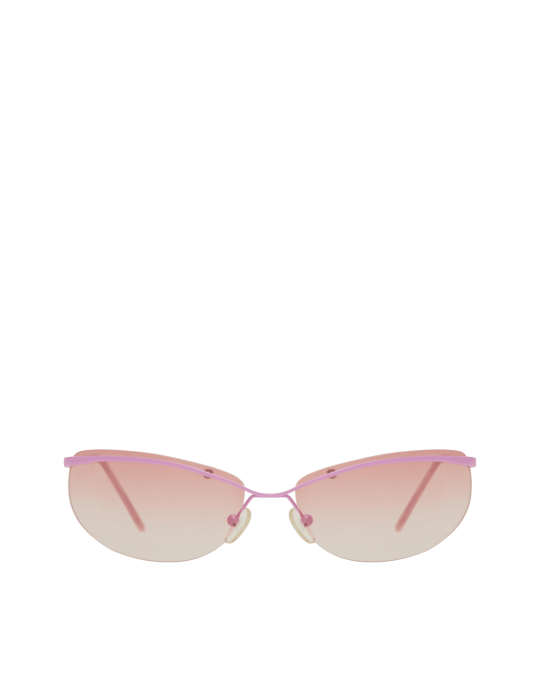 Semi-rimless sunglasses with pink metal frame and gradient pink lenses on white background