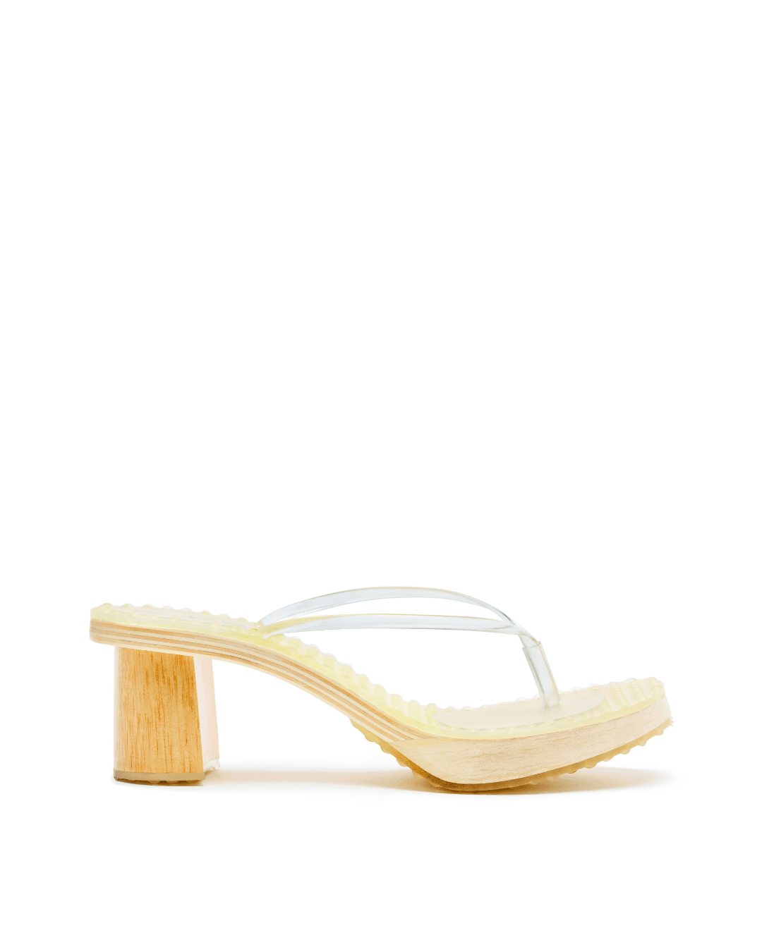 clear strap platform sandal with wooden block heel on white background