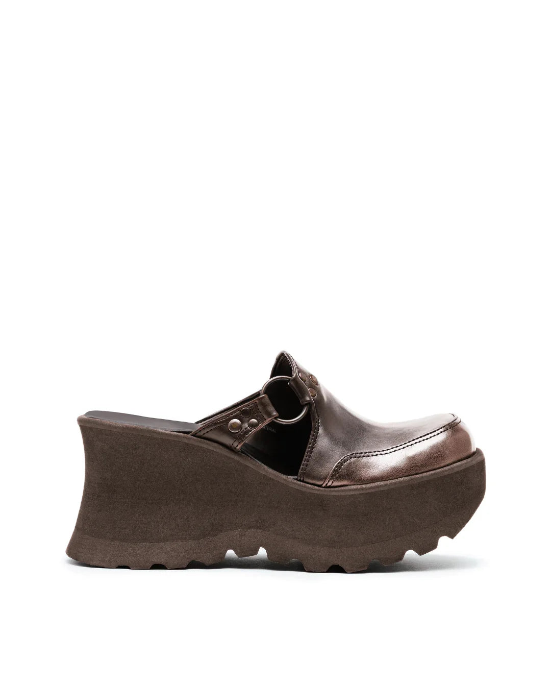 Brown platform clog with chunky sole and metallic leather upper on a white background