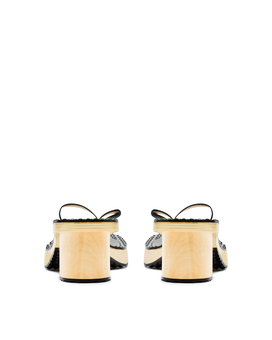 Pair of black platform sandals with wooden block heels on a white background