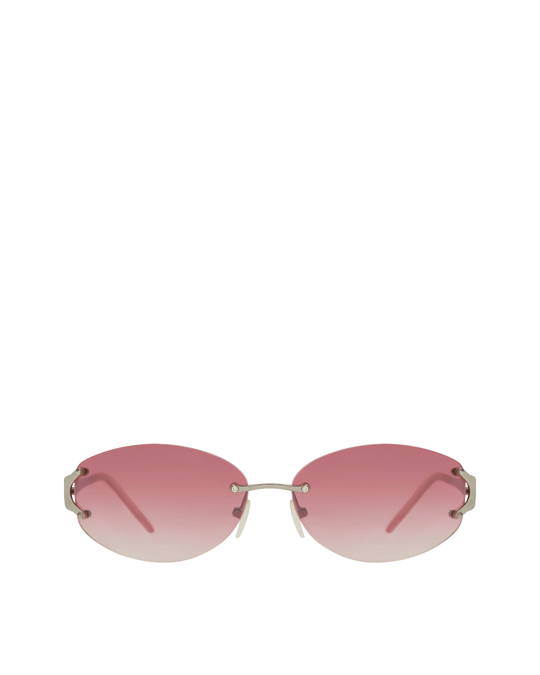 Oval sunglasses with pink gradient lenses and silver metal arms on a white background