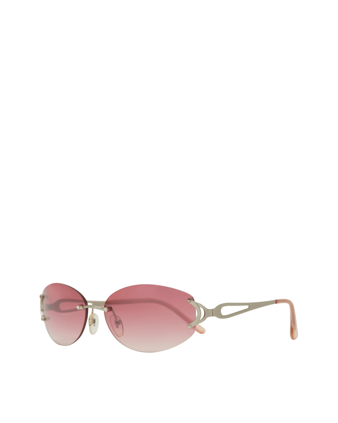 Oval sunglasses with pink gradient lenses and metal frame on white background
