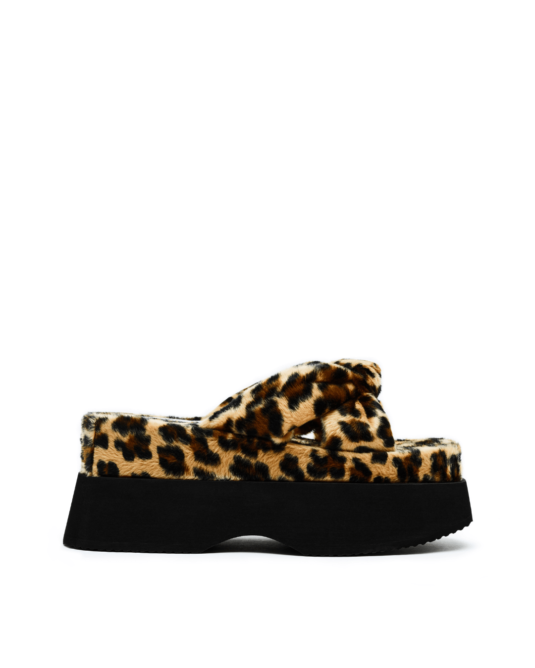 leopard print faux fur platform slide sandal with black sole on white background