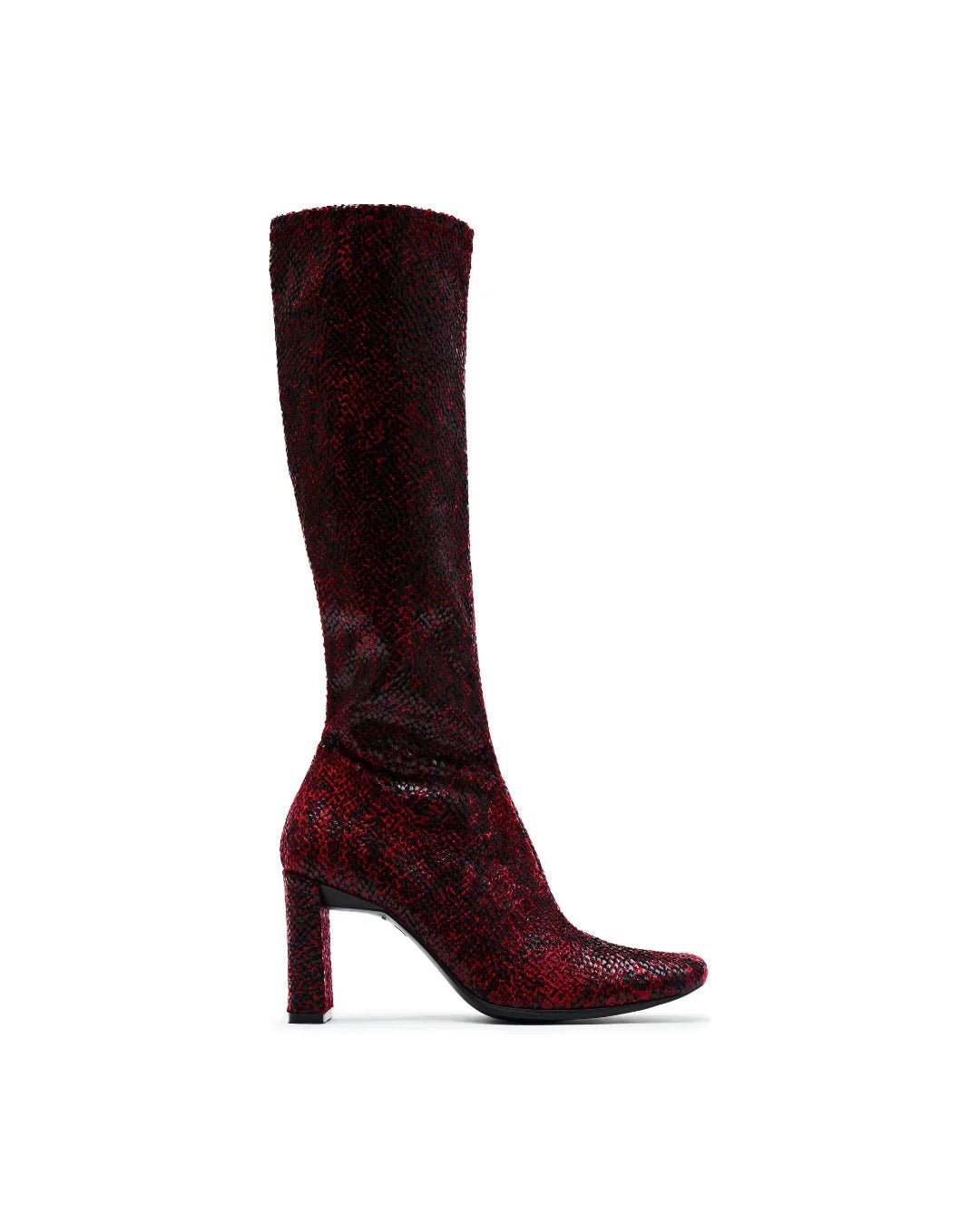 Red snakeskin-pattern knee-high boot with block heel on a white background