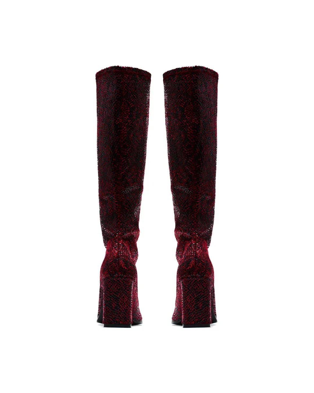 pair of tall red snakeskin boots with block heels on a white background