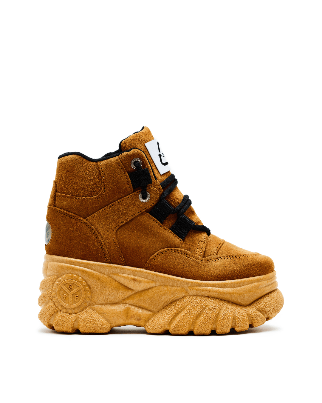 Brown suede platform sneaker with chunky sole and black laces on white background