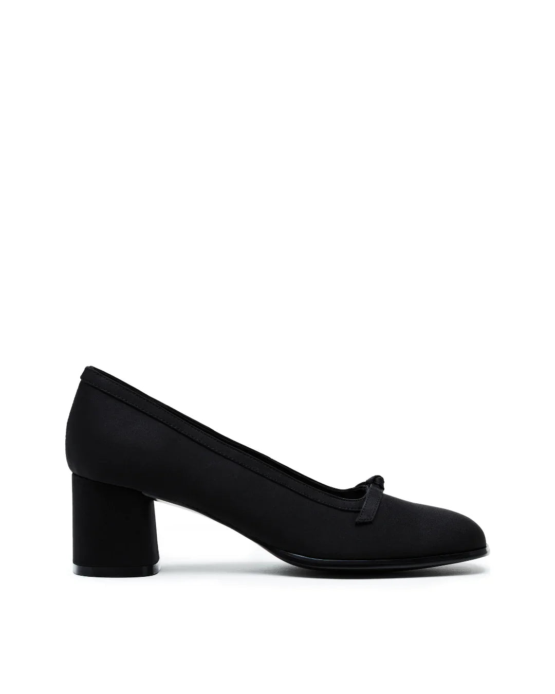 black satin pump with block heel and small bow on white background