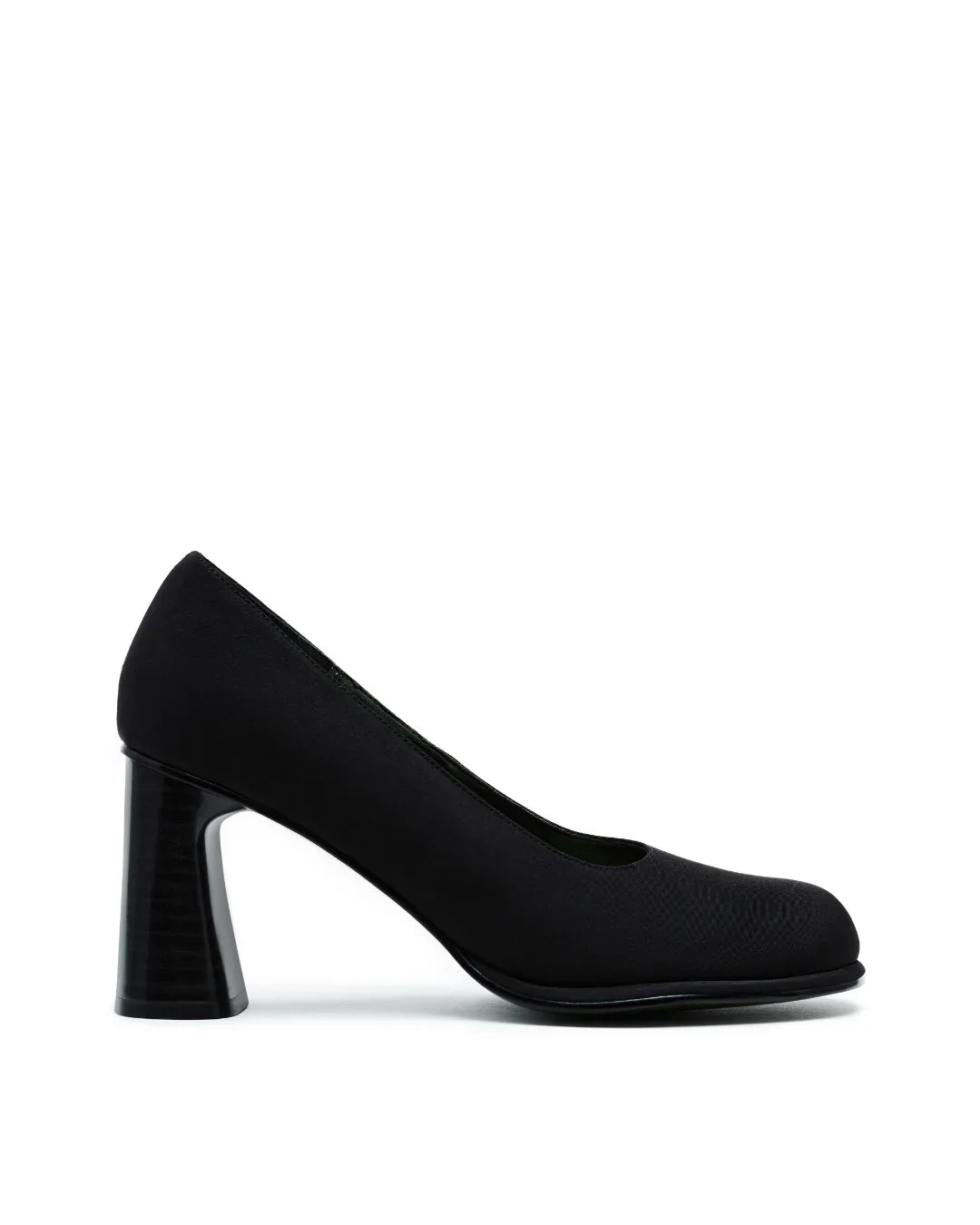 black nylon pump with rounded toe and block heel on a white background