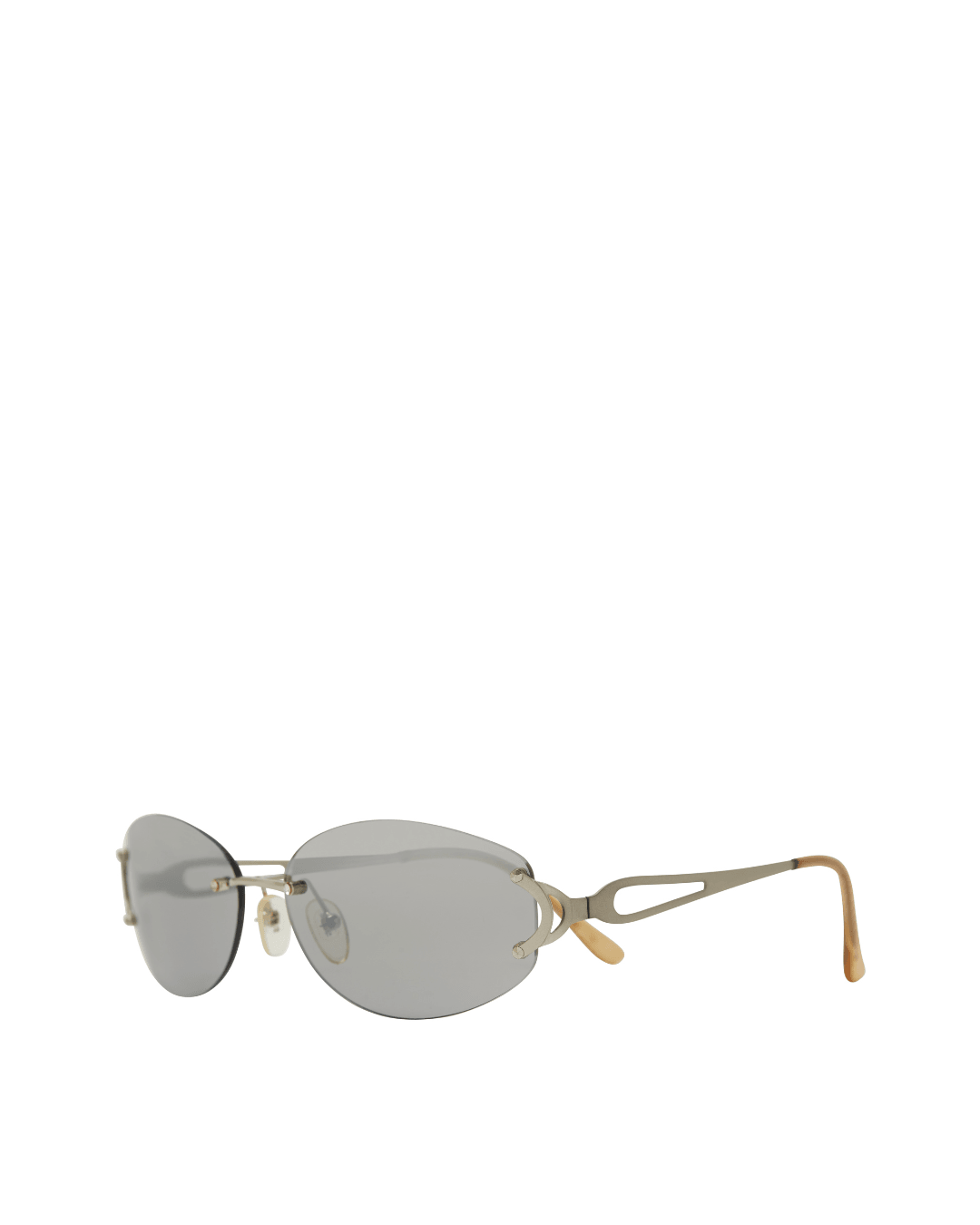 Oval sunglasses with gray lenses, thin metal frame, and beige plastic temple tips on white background