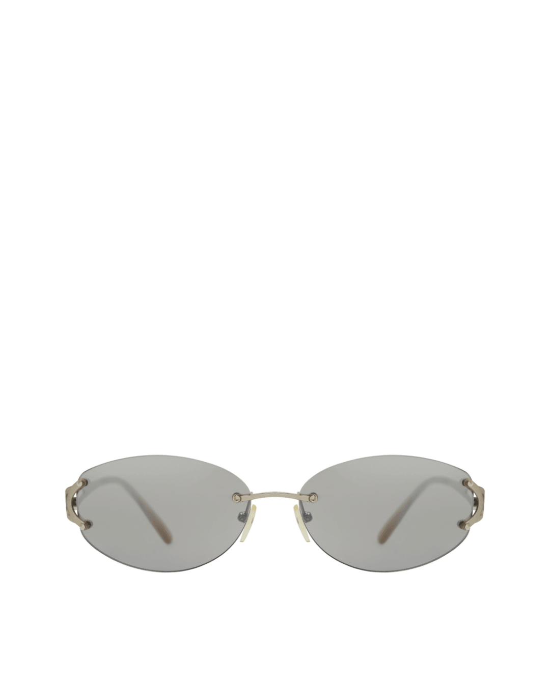 Oval gray rimless sunglasses with metal arms on a white background