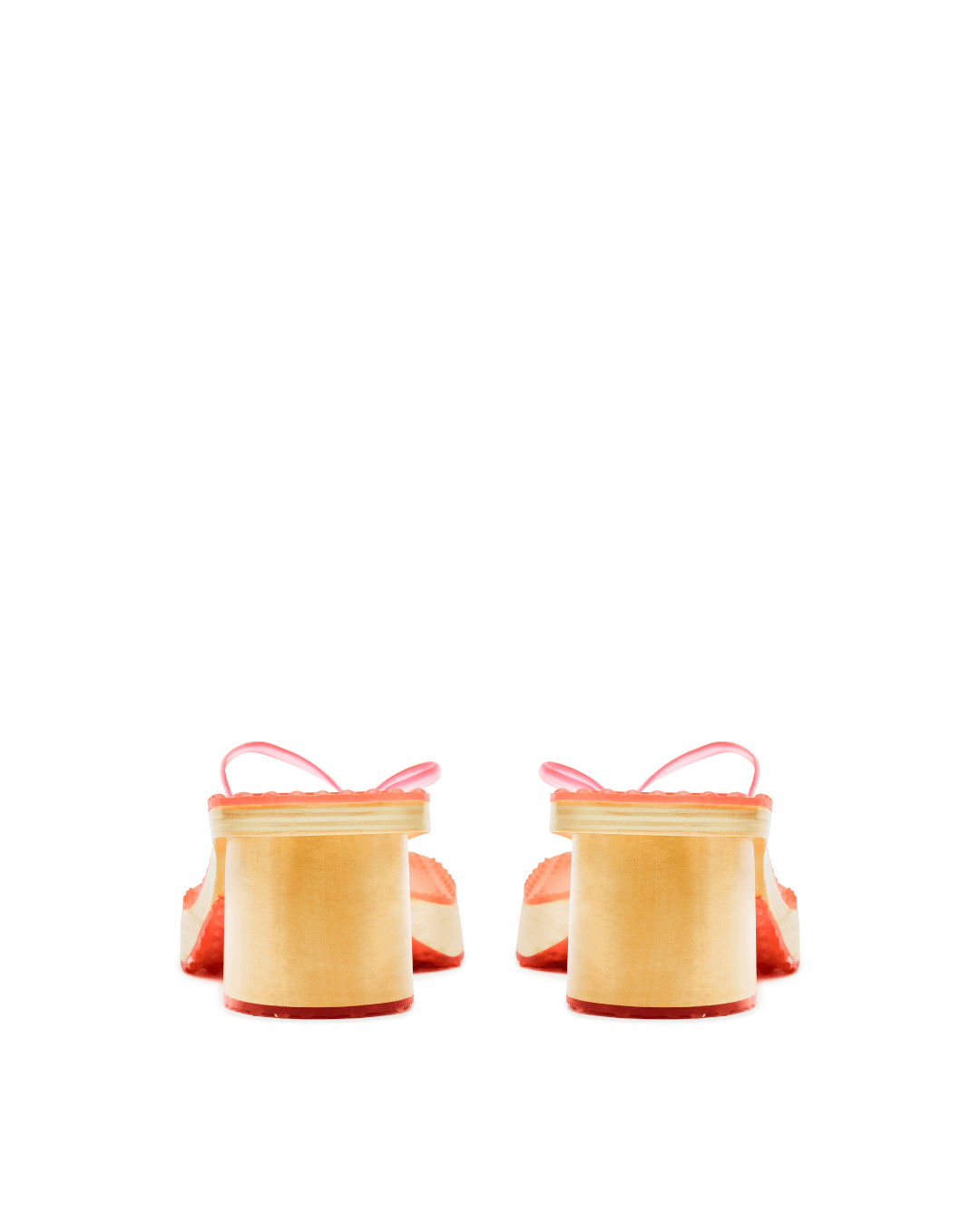 Pair of platform sandals with light wooden heel and pink straps on a white background