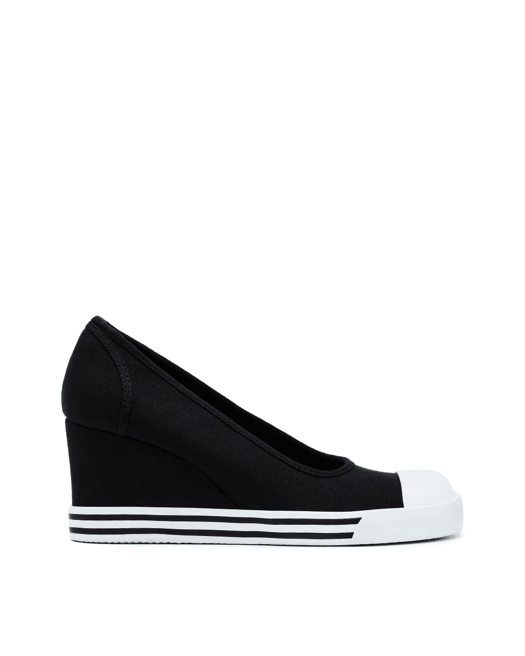 Black wedge sneaker pump with white rubber toe and striped sole on white background