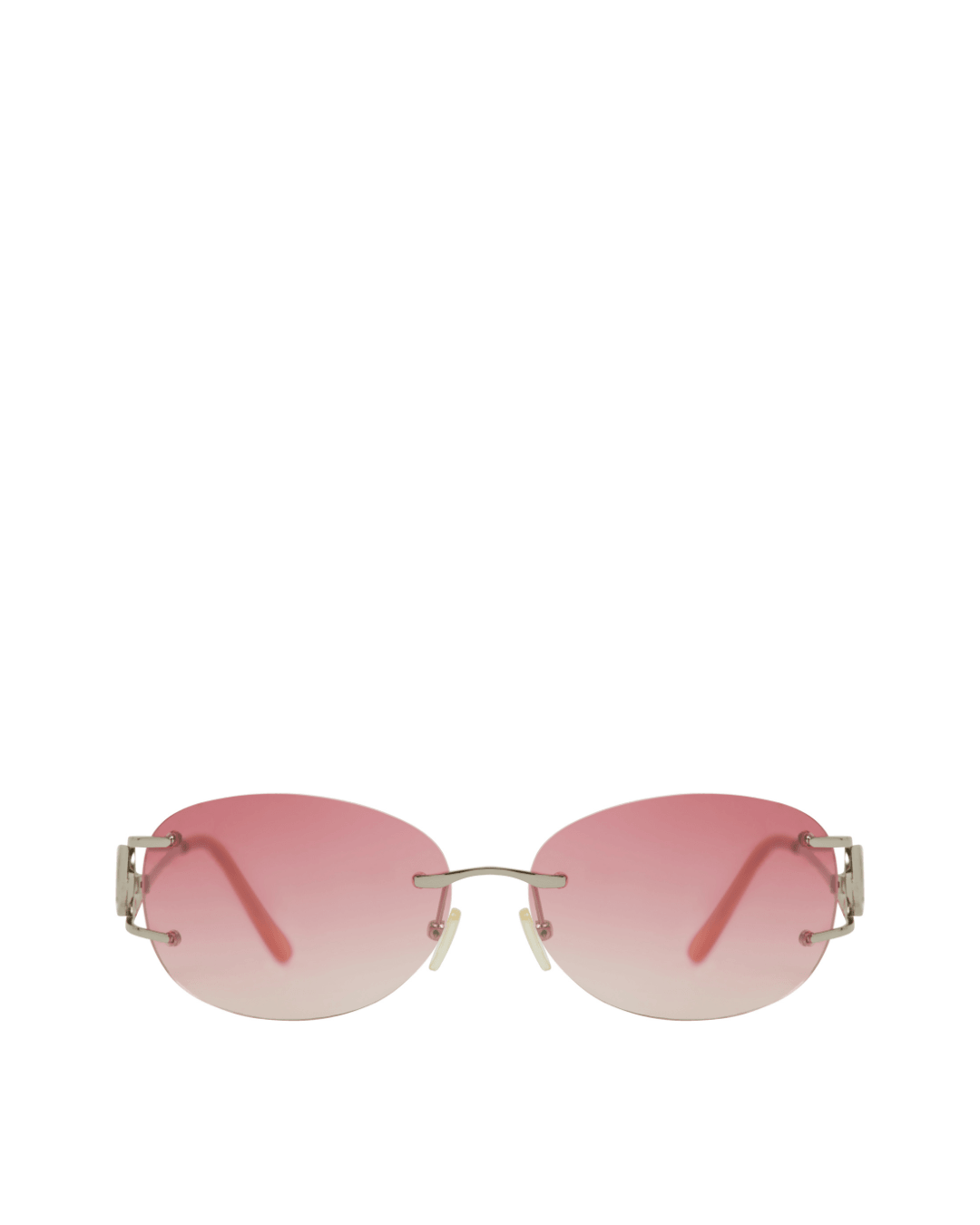 rimless oval sunglasses with pink gradient lenses and metal arms on a white background