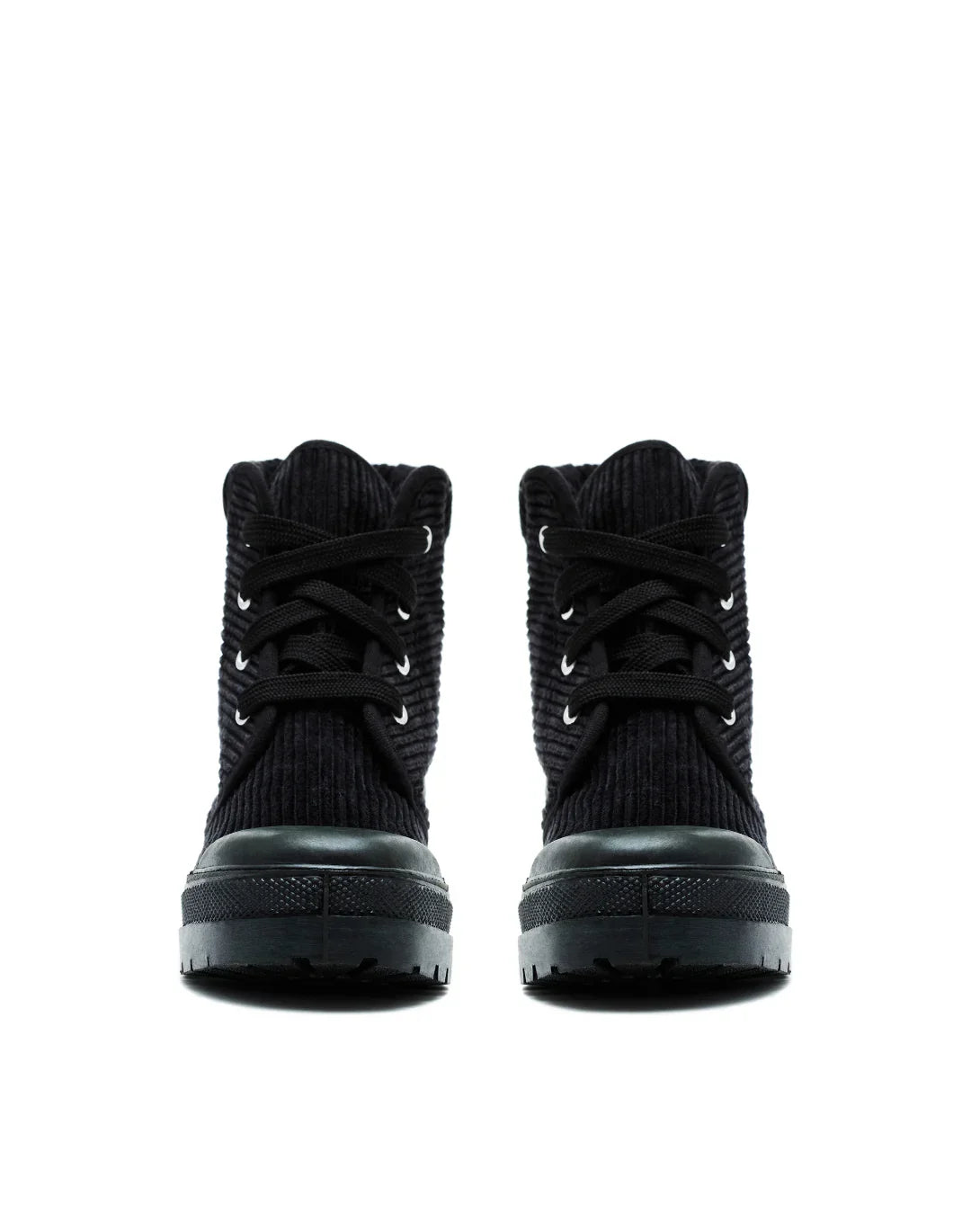 pair of black corduroy high-top sneakers with rubber soles on a white background