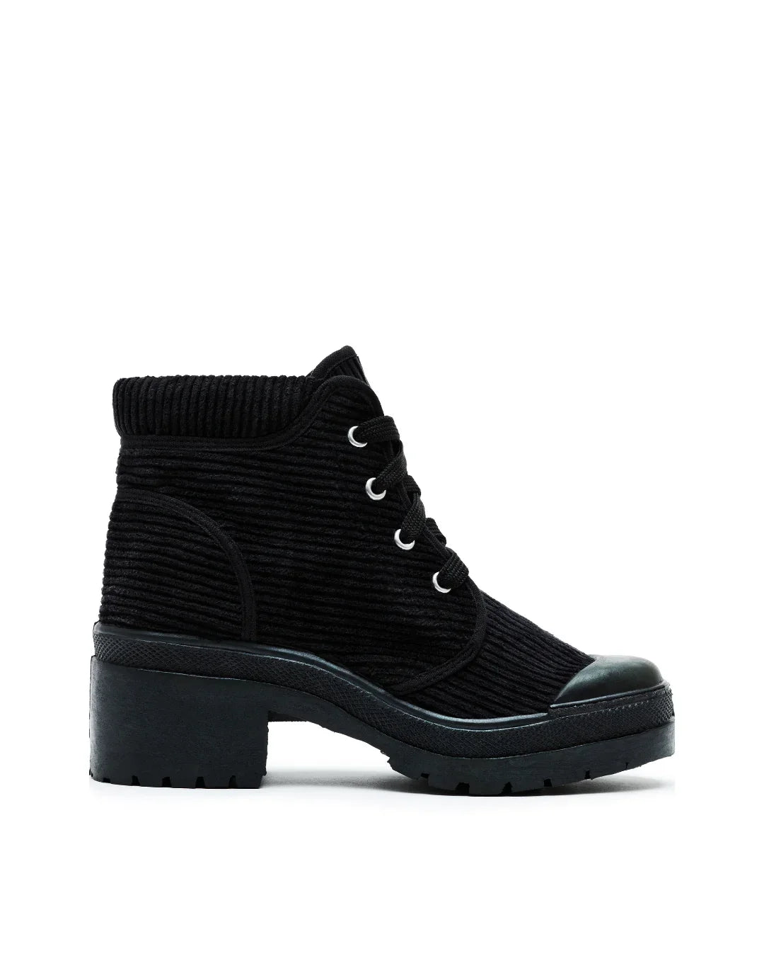 Black corduroy lace-up sneaker boot with thick sole and rounded toe on white background