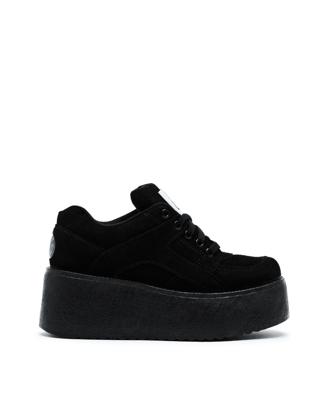 black suede lace-up platform sneaker with thick sole on white background