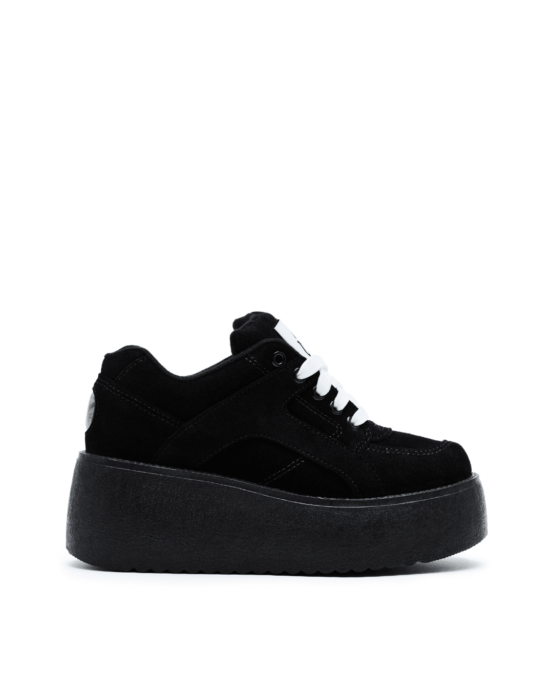 black suede platform sneaker with white laces on a plain white background