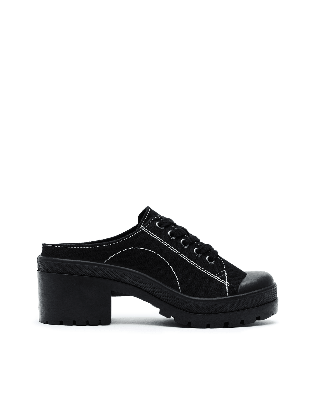 black slip-on canvas mule sneaker with chunky heel and white stitching on white background