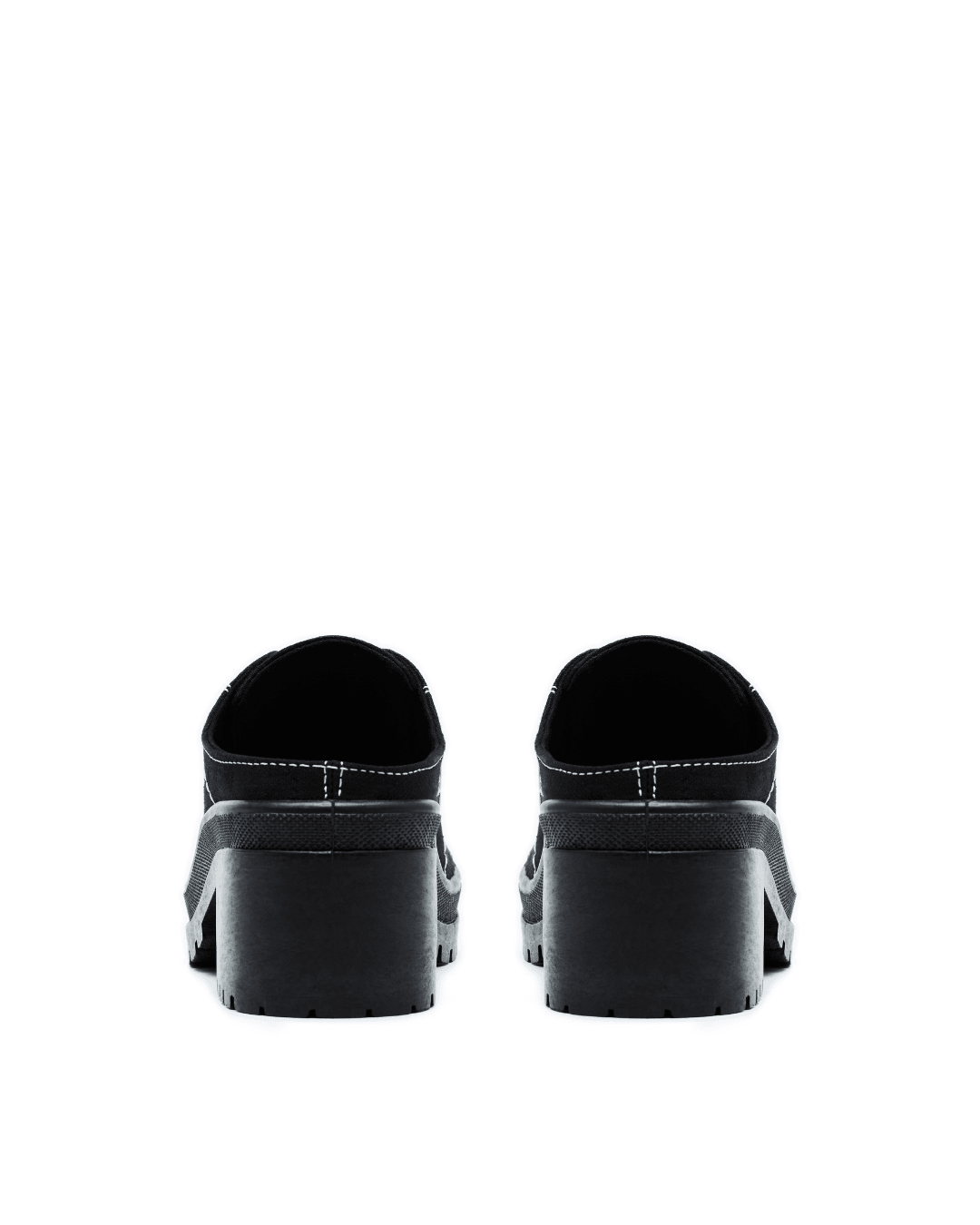 Black slip-on sneakers with chunky heels, viewed from the back on a white background