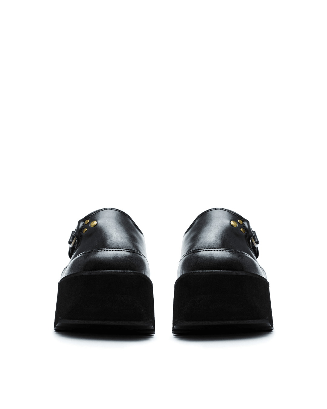 black platform clogs with leather upper, gold studs, and buckle detail on white background