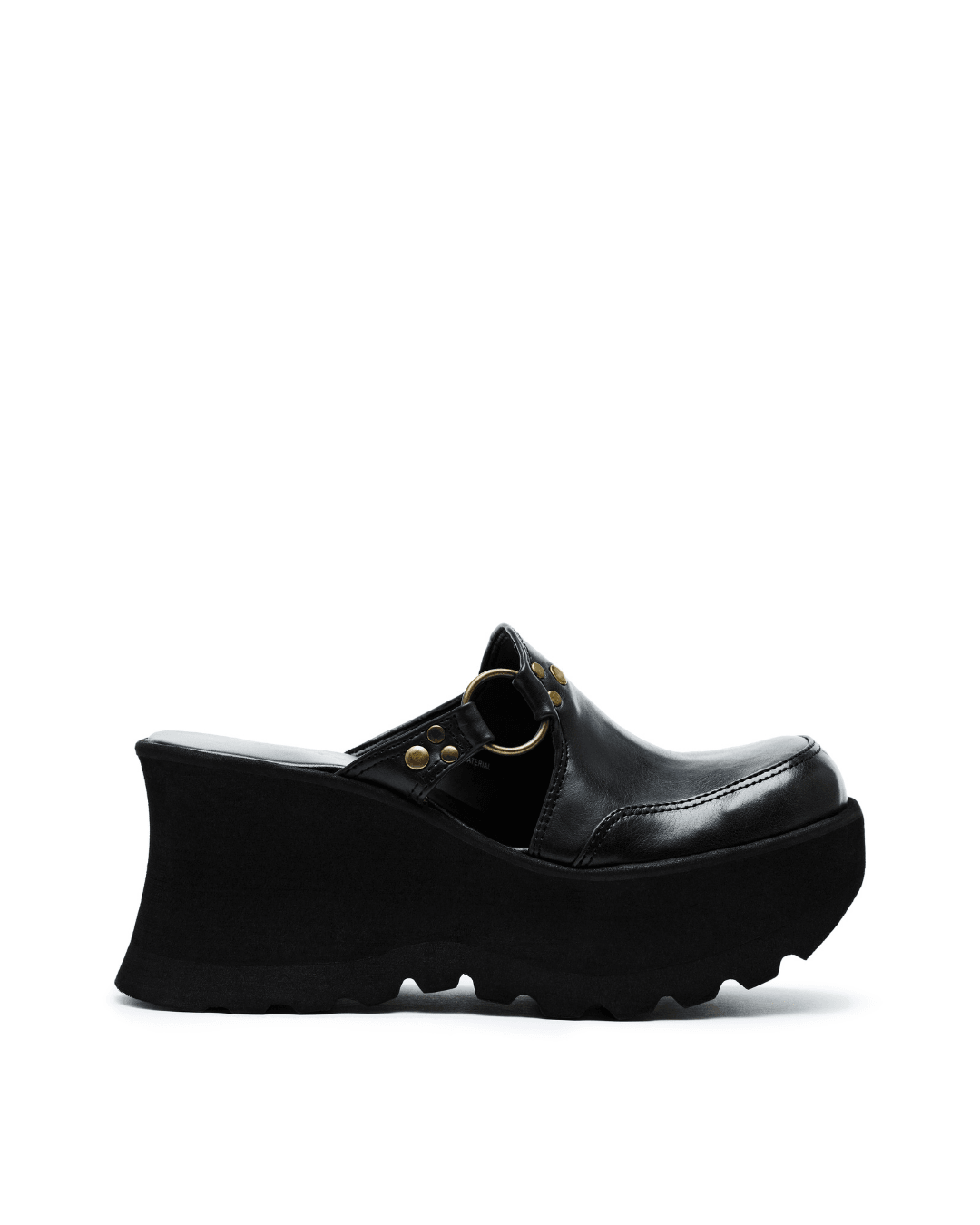 Black leather platform clog with chunky sole and metal ring details on white background