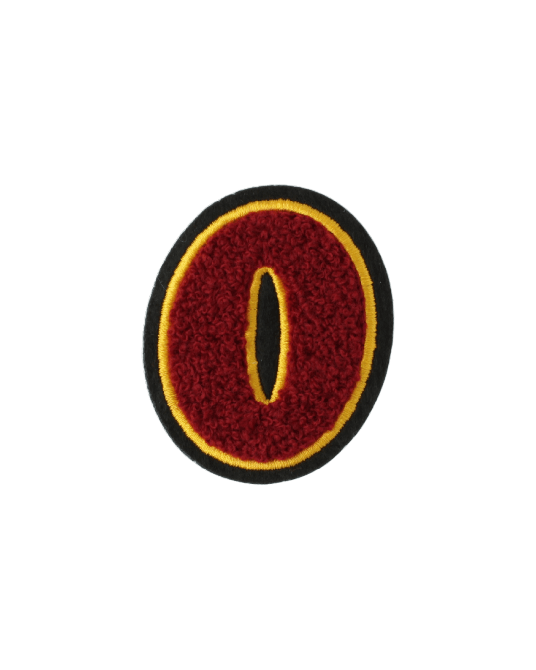 maroon chenille varsity number patch in the shape of zero with yellow and black borders
