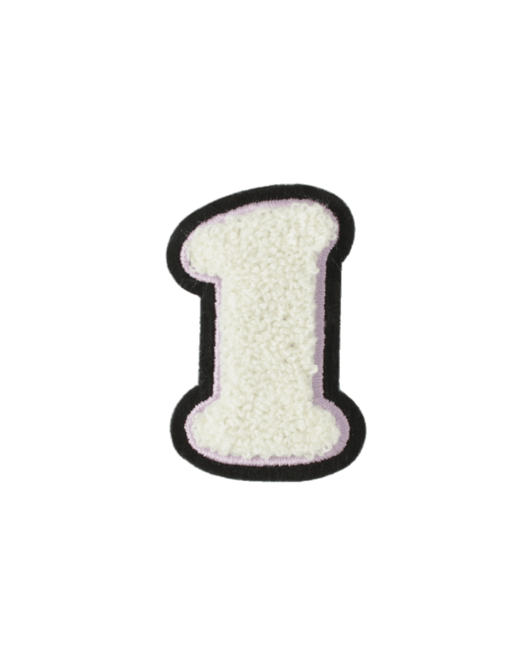 white chenille varsity patch in the shape of the number one with black border
