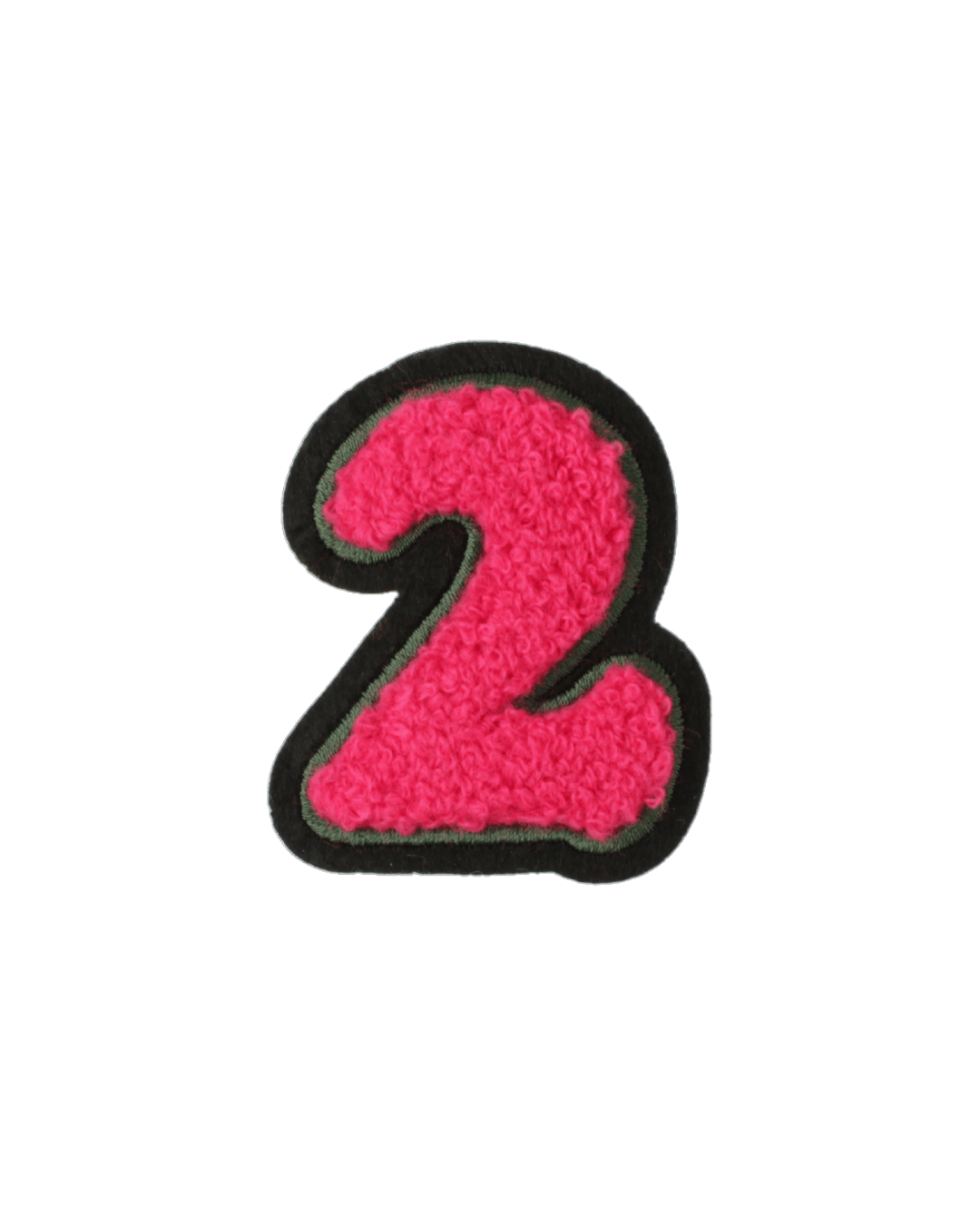 pink chenille number 2 varsity patch with black border on white background