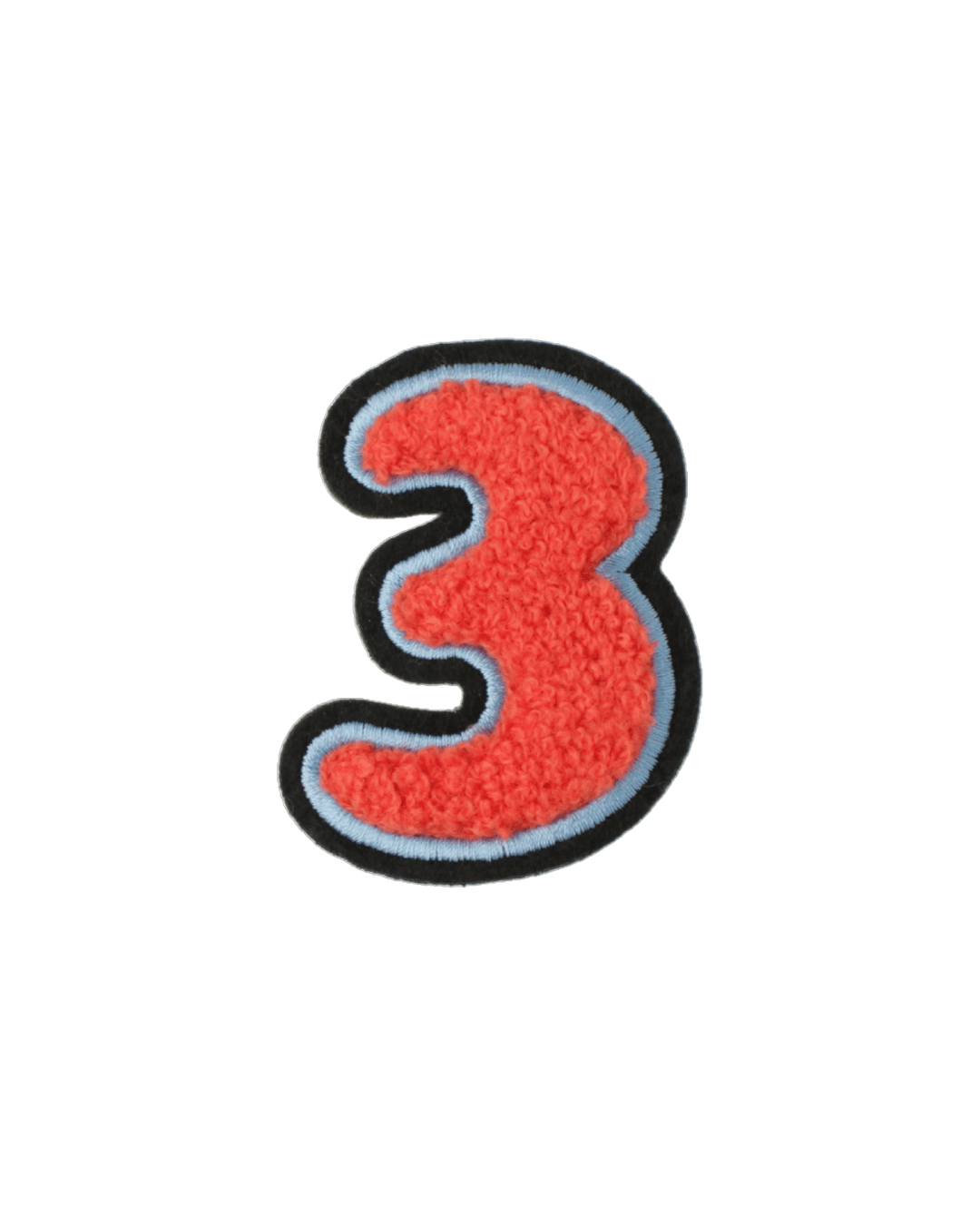 red chenille number 3 varsity patch with blue and black border on white background