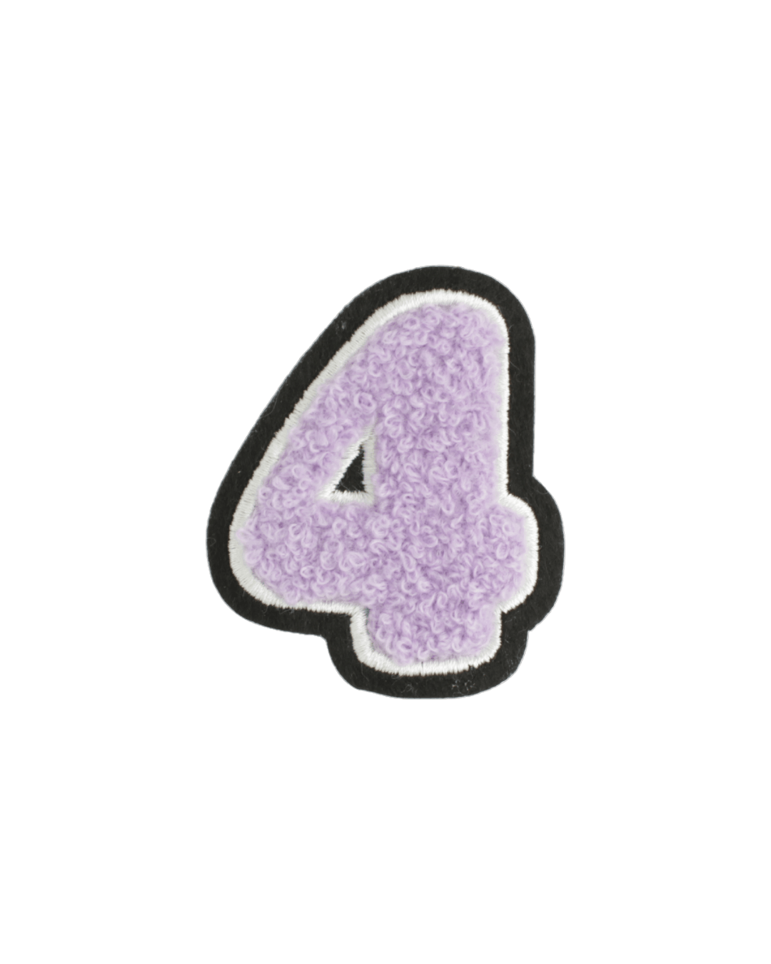 Lilac chenille varsity number 4 patch with white and black border on white background