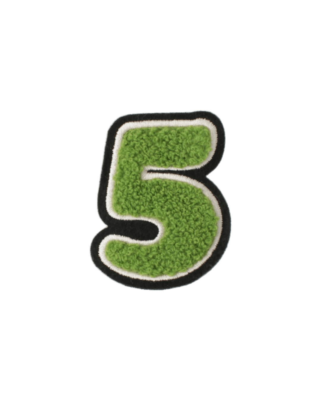 green chenille varsity patch in the shape of number 5 on a white background