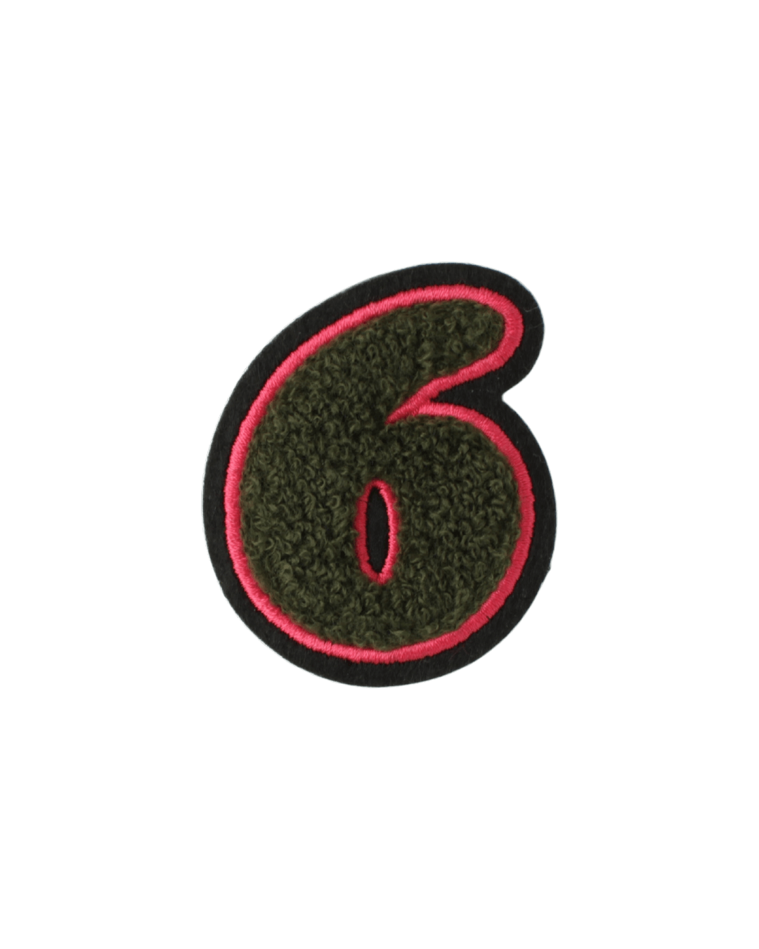Green chenille number 6 varsity patch with pink border on white background