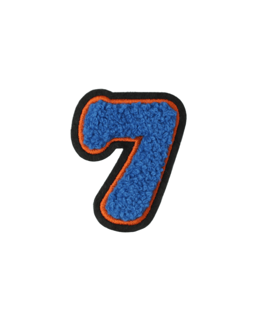 blue chenille number 7 varsity patch with orange and black border on white background