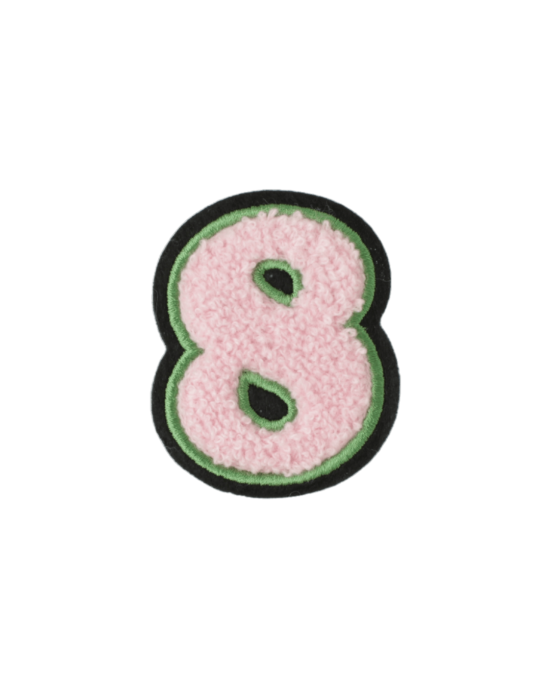 pink chenille varsity number 8 patch with green and black border on white background