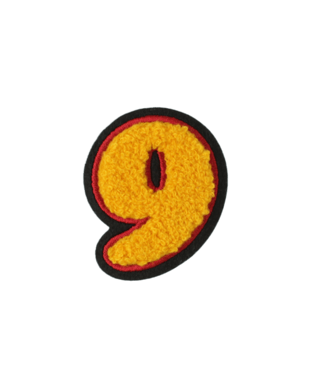 Gold chenille number 9 varsity patch with black and red border on white background