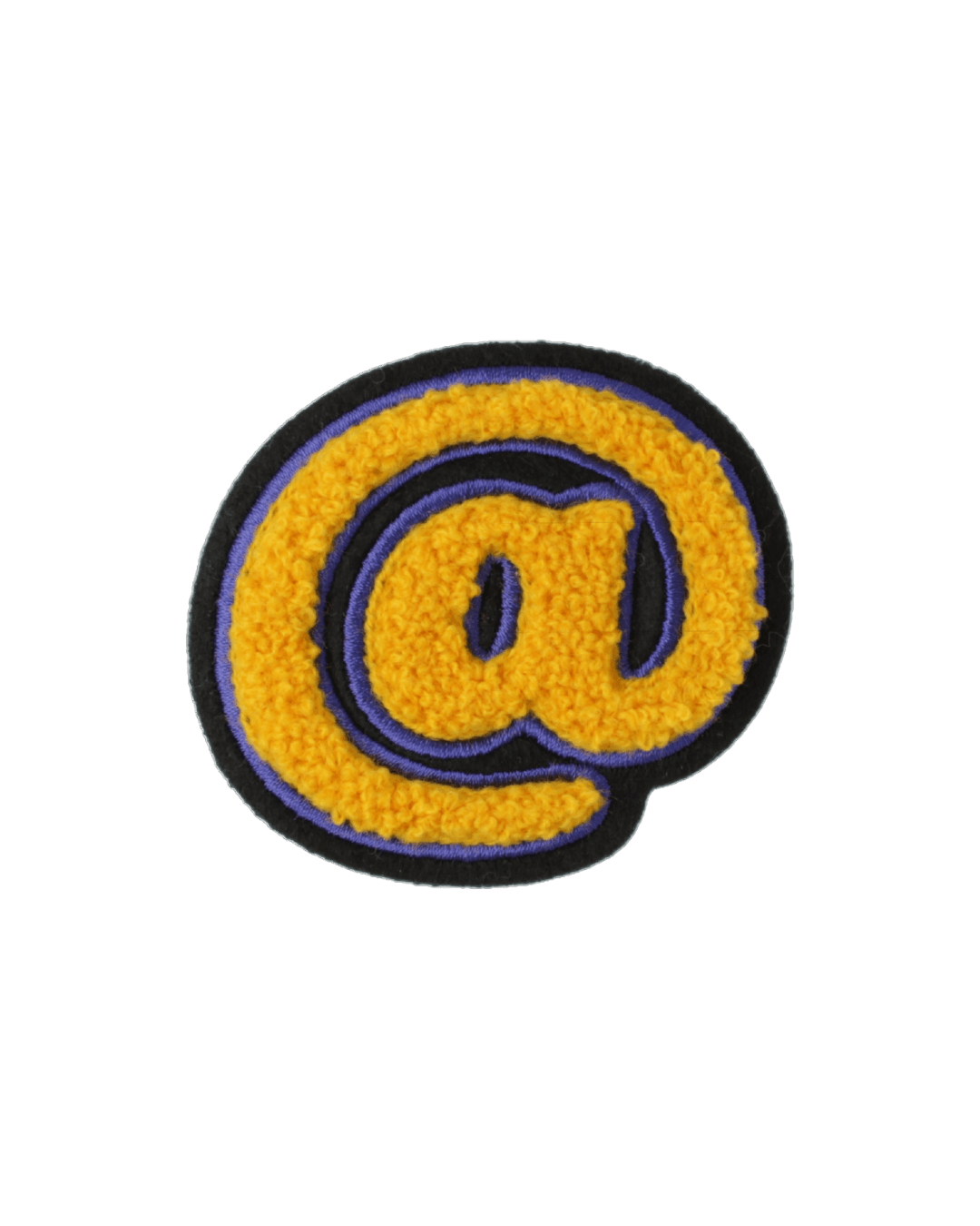 yellow chenille varsity letter patch shaped like an at symbol with black and blue borders