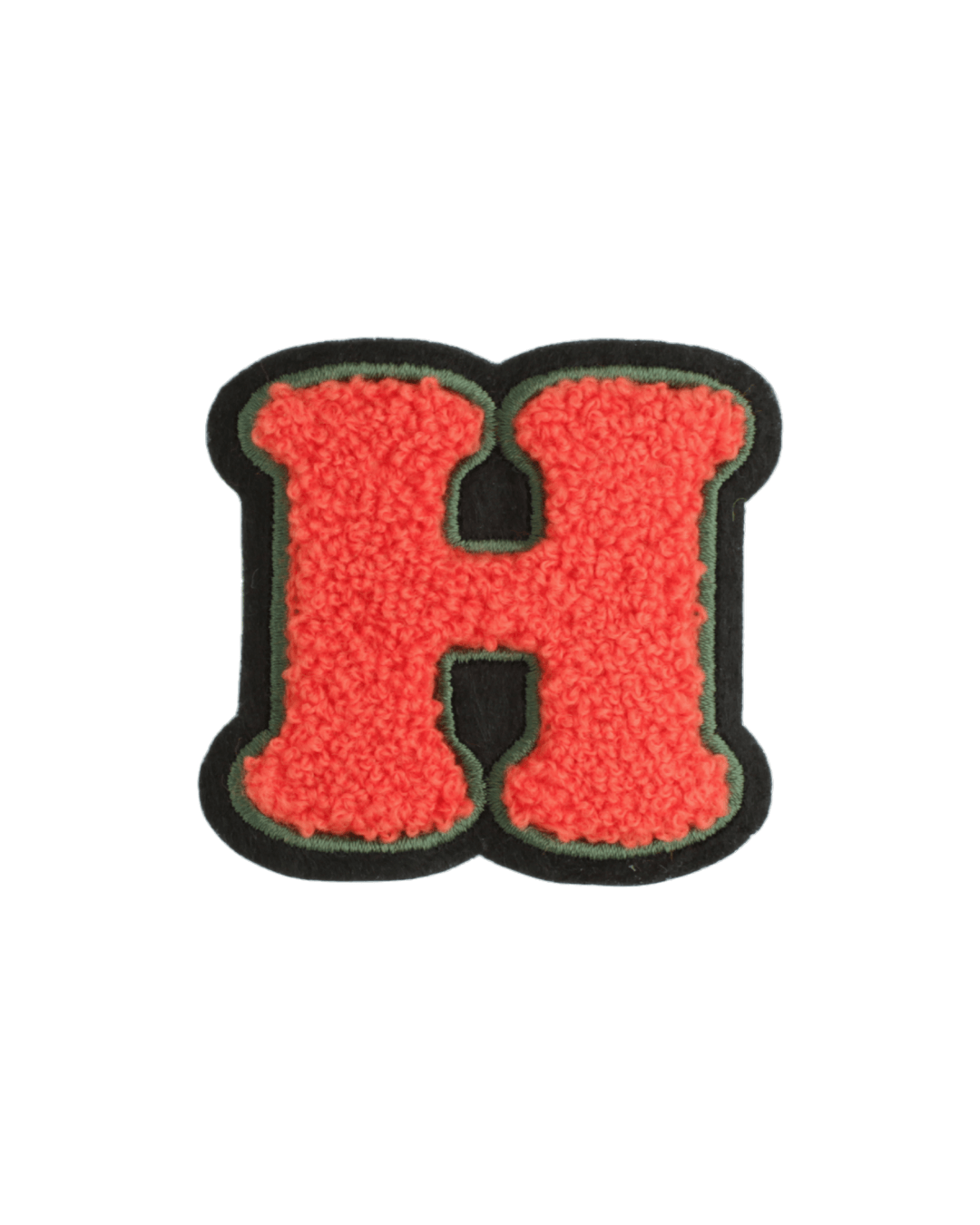 Large red chenille varsity letter H patch with green and black border on white background