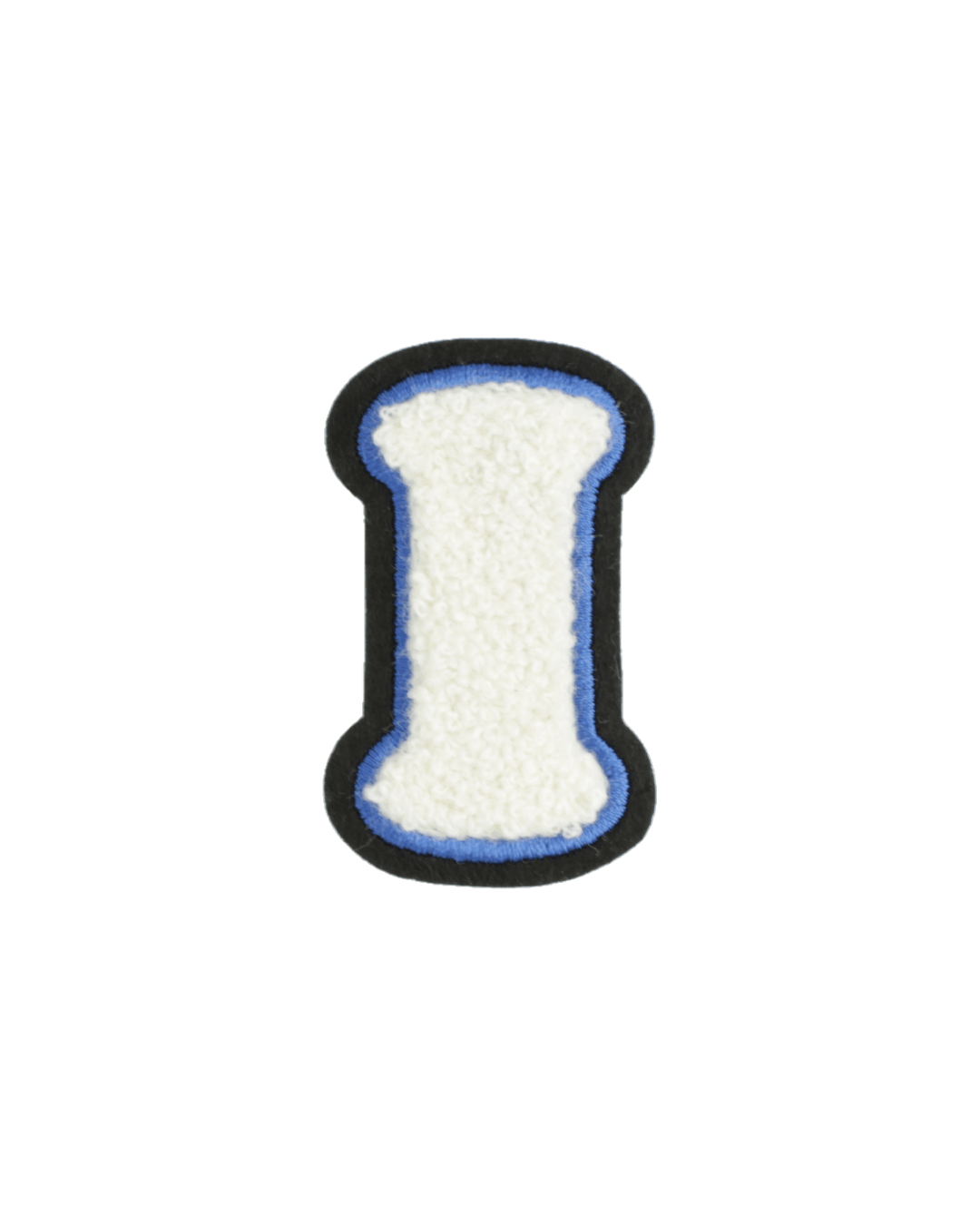 White chenille varsity letter I patch with blue and black border on white background