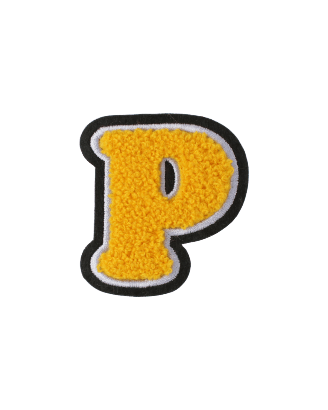 yellow chenille varsity letter P patch with white and black border on white background