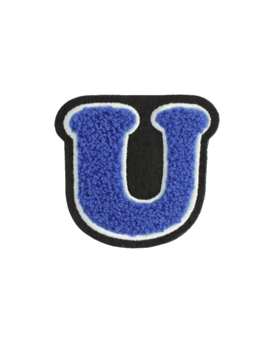 Large blue chenille varsity letter U patch with white and black border on white background
